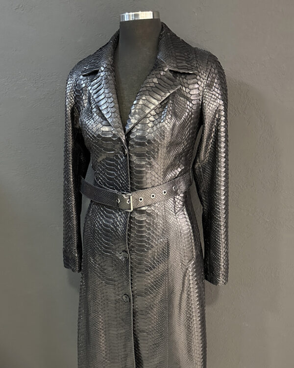 Genuine Python Leather Belted Black Exotic Snake Skin Long Overcoat
