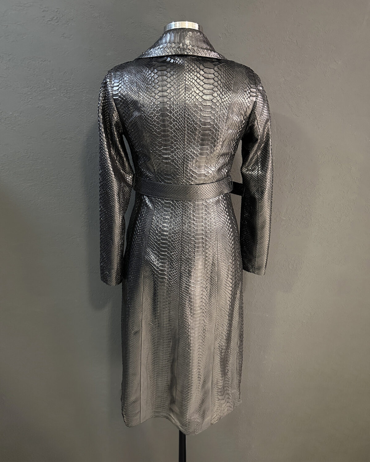 Genuine Python Leather Belted Black Exotic Snake Skin Long Overcoat