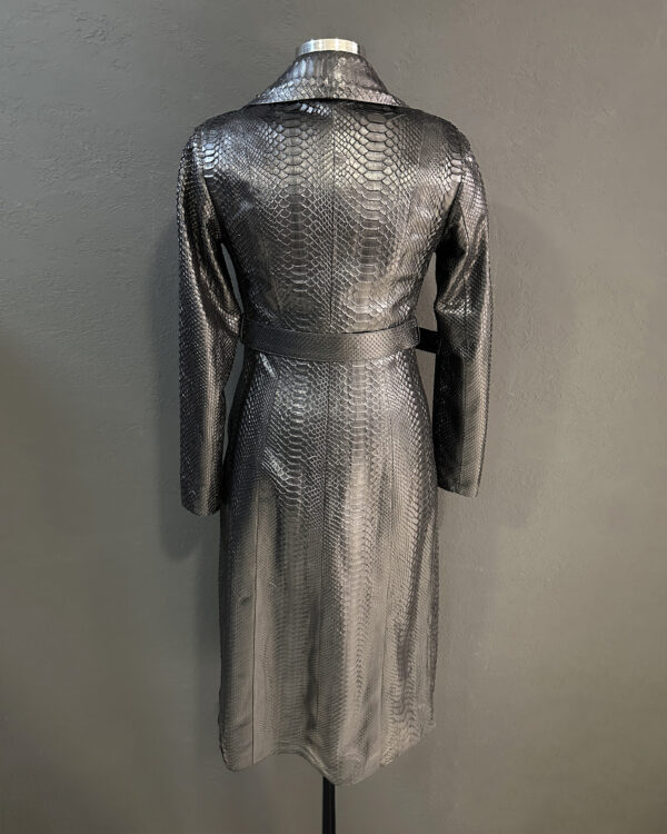 Genuine Python Leather Belted Black Exotic Snake Skin Long Overcoat