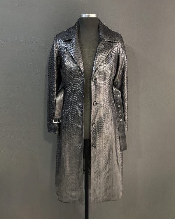 Genuine Python Leather Belted Black Exotic Snake Skin Long Overcoat