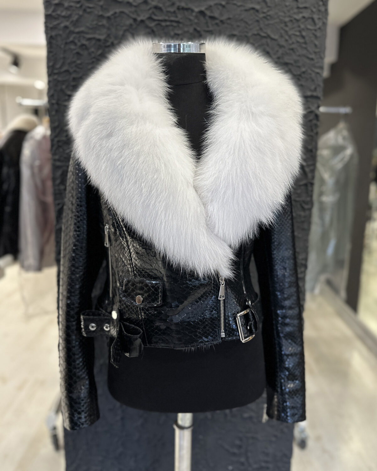 Women's Genuine Python Leather Real Fox Fur Collar Black Exotic Biker Jacket