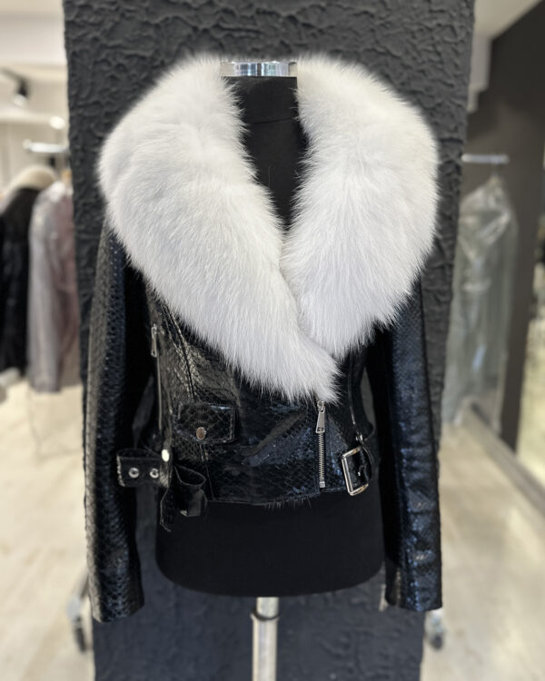 Women's Genuine Python Leather Real Fox Fur Collar Black Exotic Biker Jacket