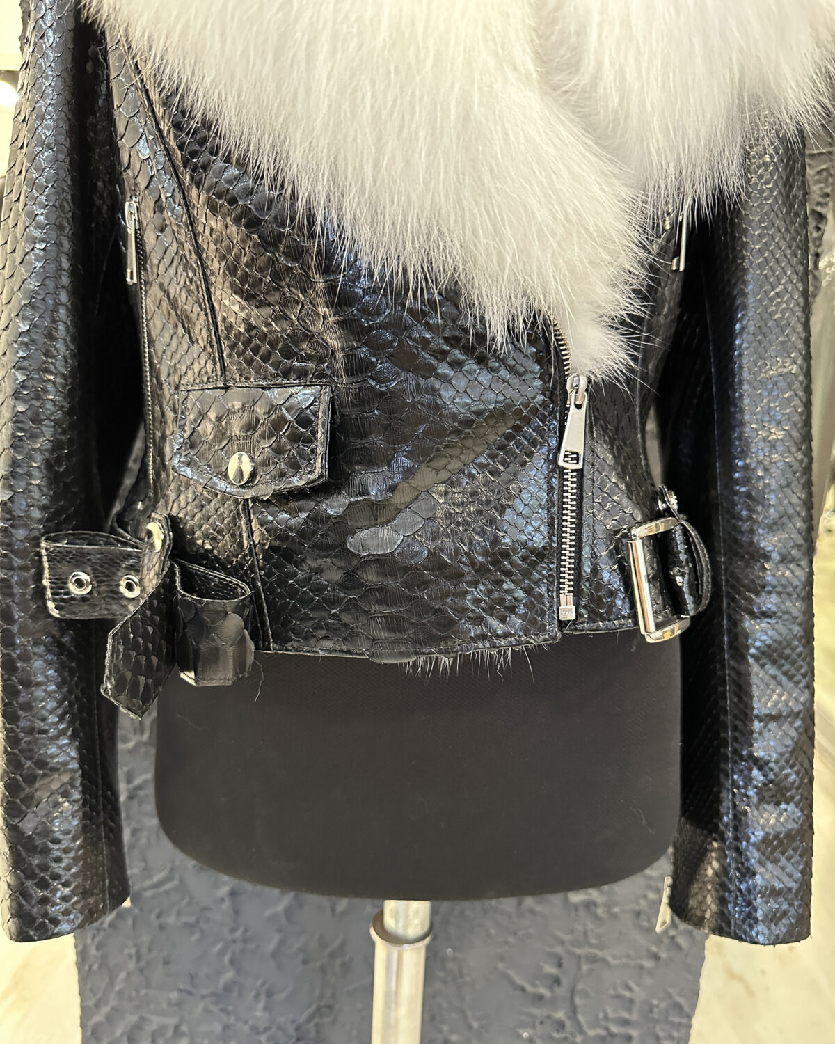 Women's Genuine Python Leather Real Fox Fur Collar Black Exotic Biker Jacket