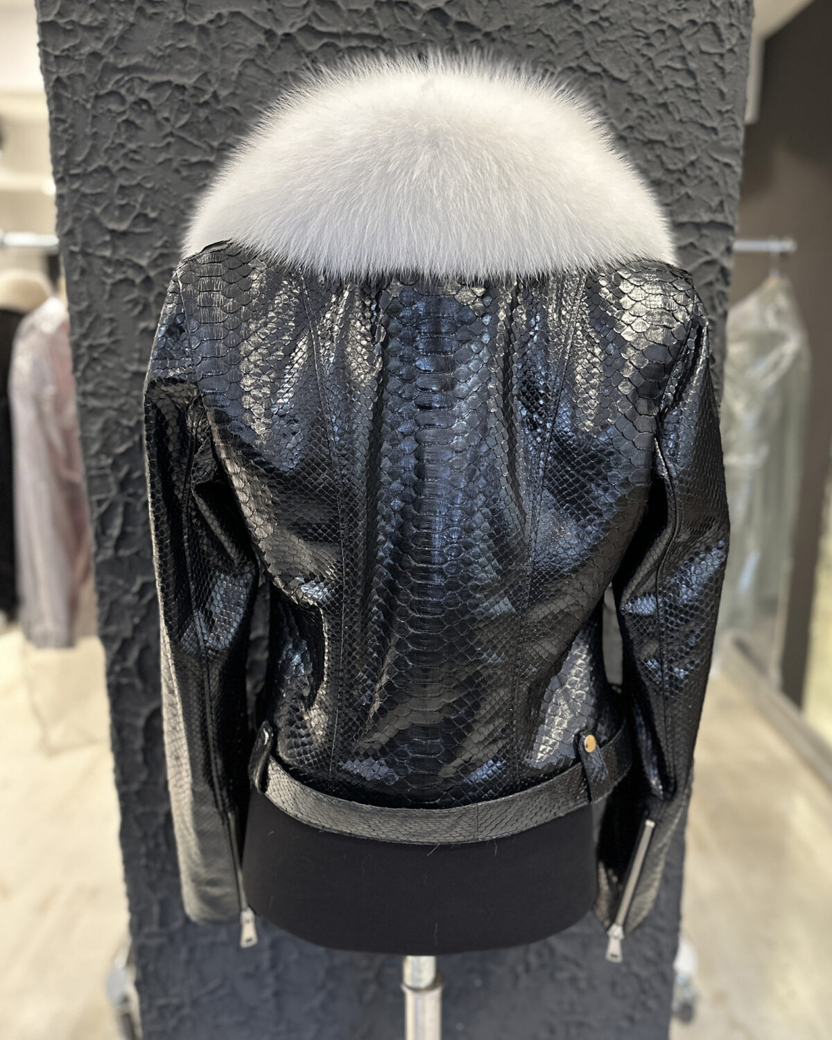 Women's Genuine Python Leather Real Fox Fur Collar Black Exotic Biker Jacket