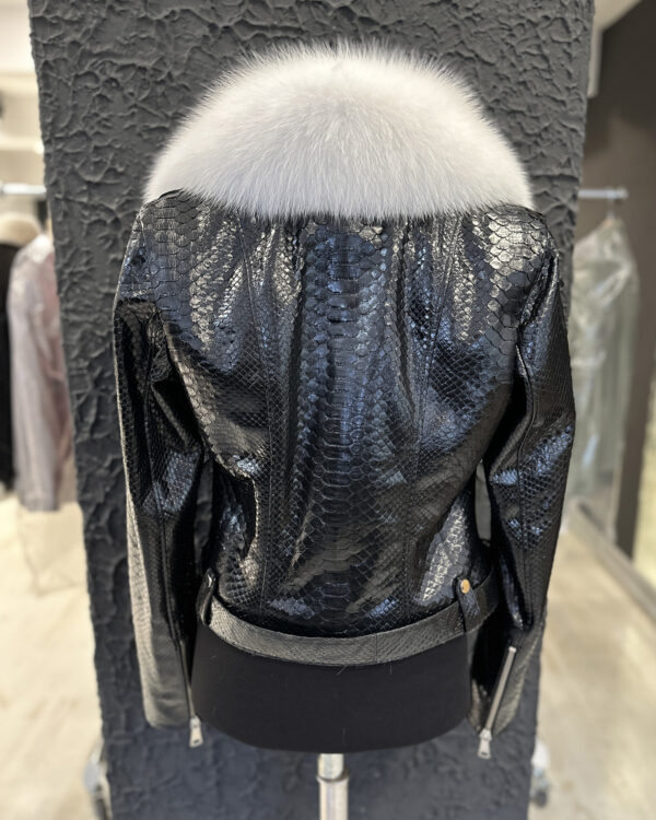 Women's Genuine Python Leather Real Fox Fur Collar Black Exotic Biker Jacket