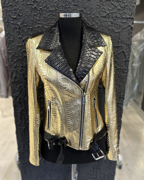 Genuine Python Leather Women's Golden Yellow Black Motorcycle Biker Jacket