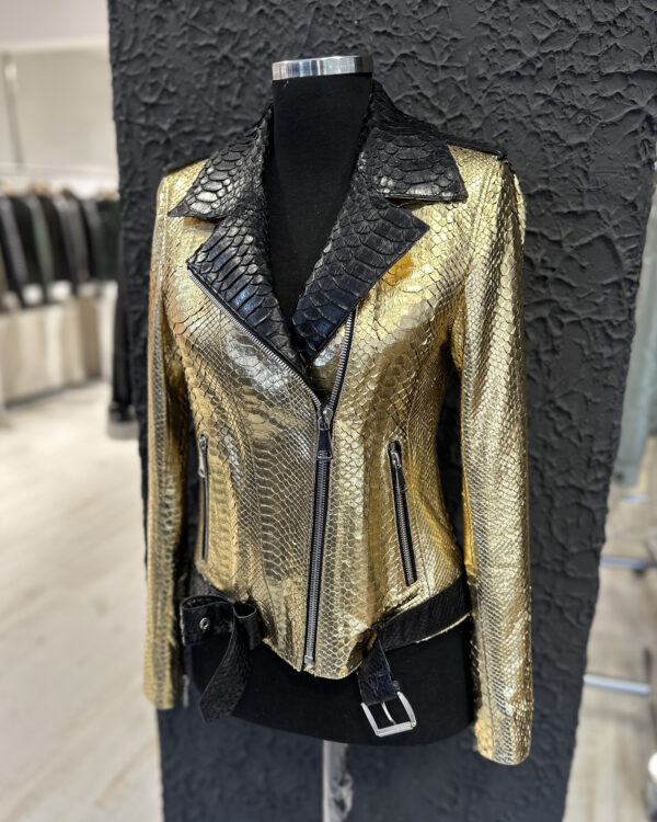 Genuine Python Leather Women's Golden Yellow Black Motorcycle Biker Jacket