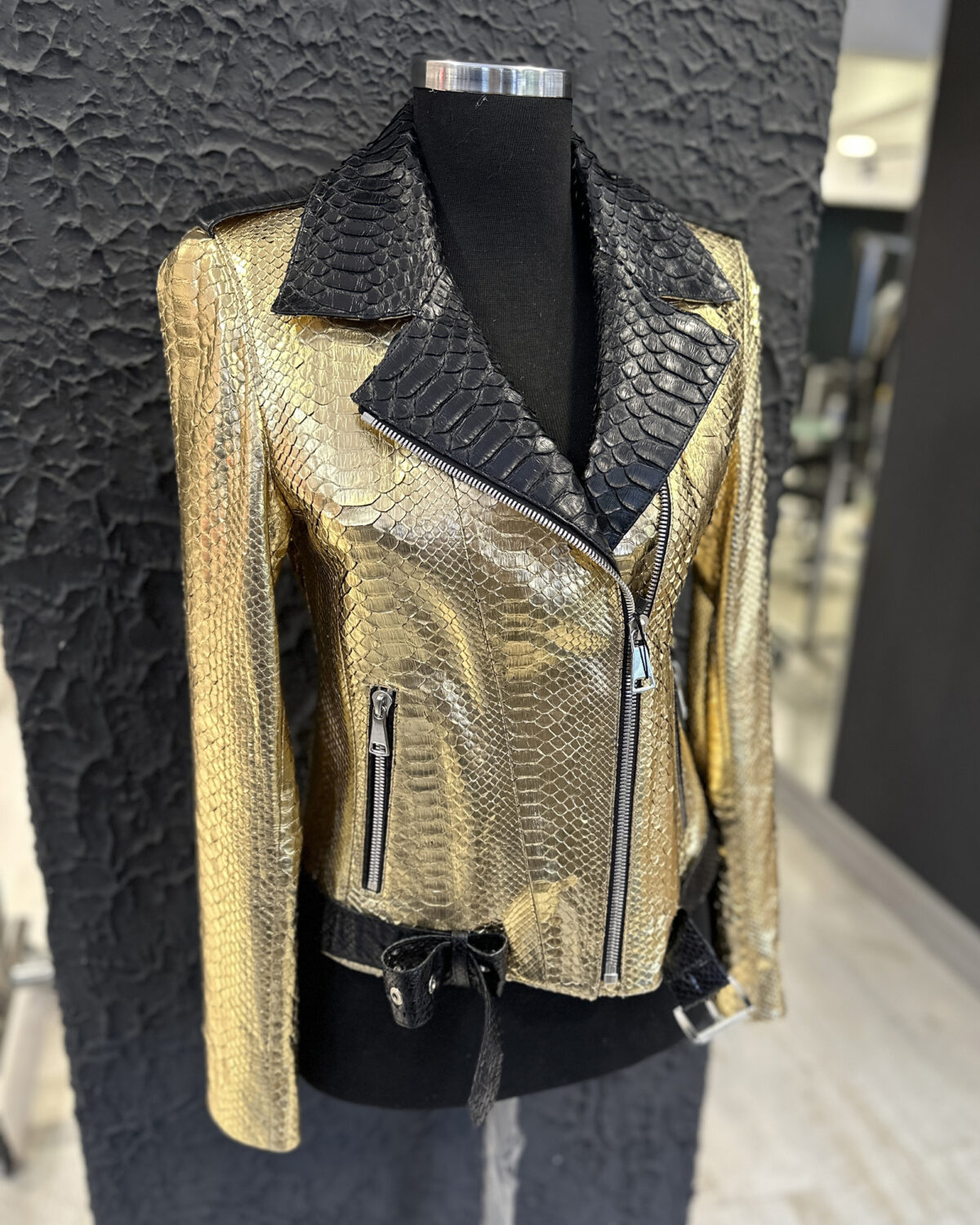 Genuine Python Leather Women's Golden Yellow Black Motorcycle Biker Jacket