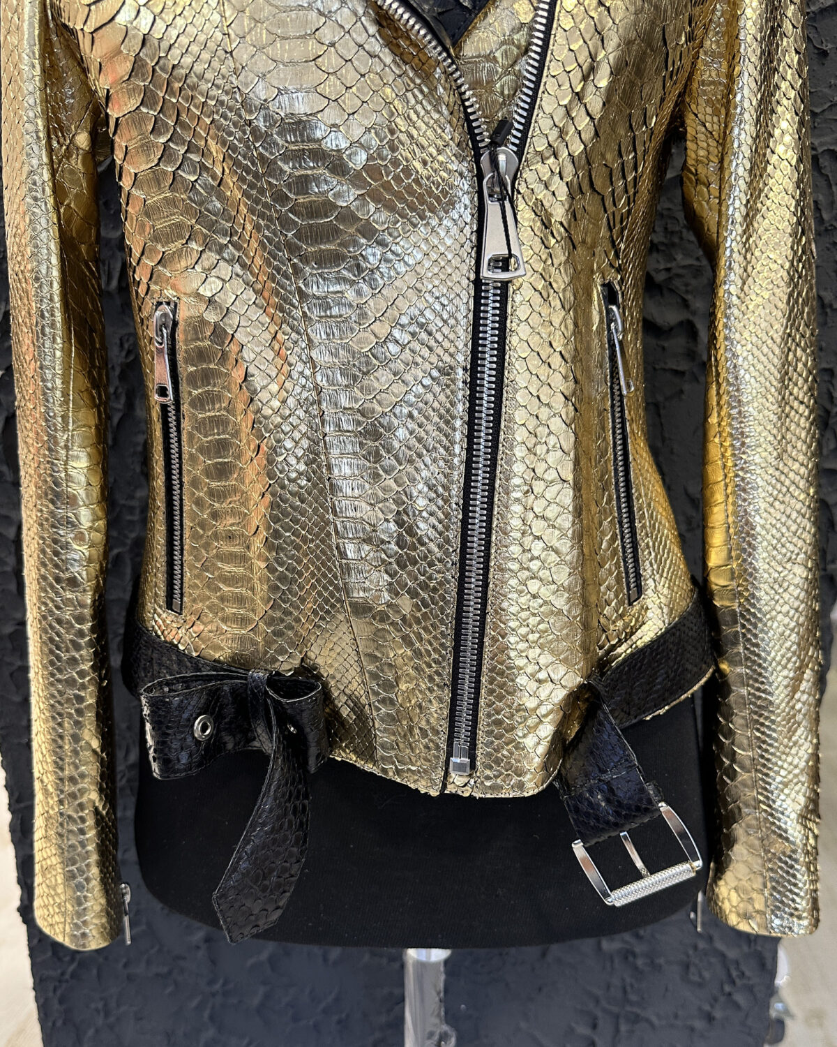 Genuine Python Leather Women's Golden Yellow Black Motorcycle Biker Jacket