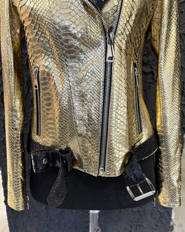 Genuine Python Leather Women's Golden Yellow Black Motorcycle Biker Jacket