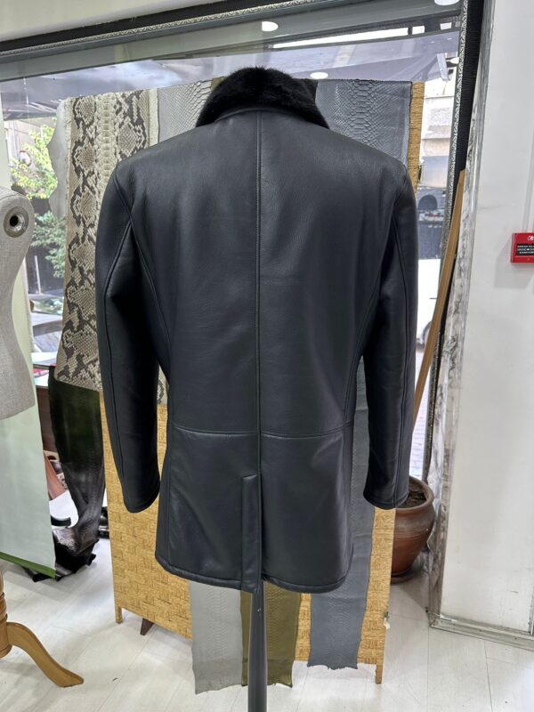 Genuine Mink Fur Collar Shearling Coat - Men's Black Luxury Handmade