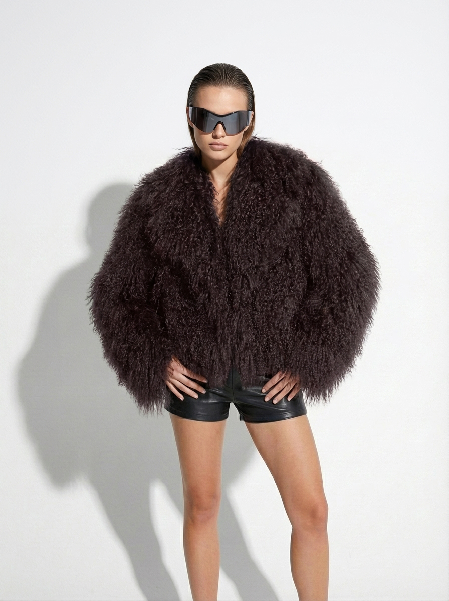 Brown Luxurious Mongolian Lamb Fur Jacket | Curly Sheepskin Shaggy Natural Tibetan Winter Coat