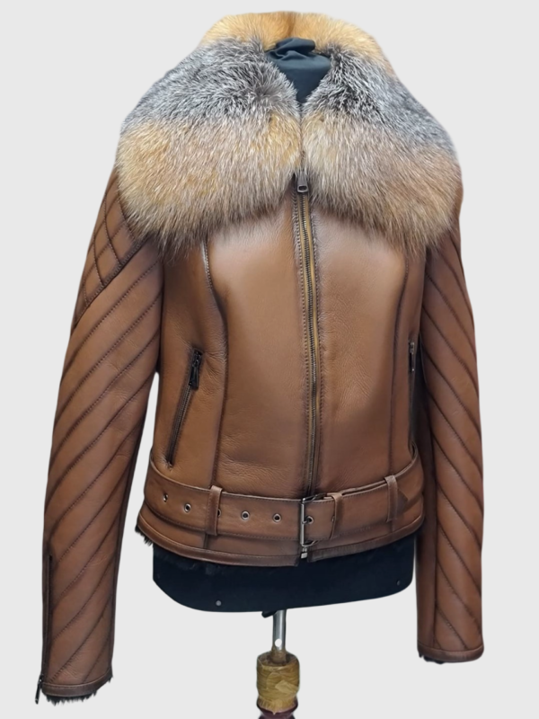 Gold Cross Fox Fur Collar Tan Genuine Shearling Women's Luxury Jacket