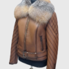 Gold Cross Fox Fur Collar Tan Genuine Shearling Women's Luxury Jacket