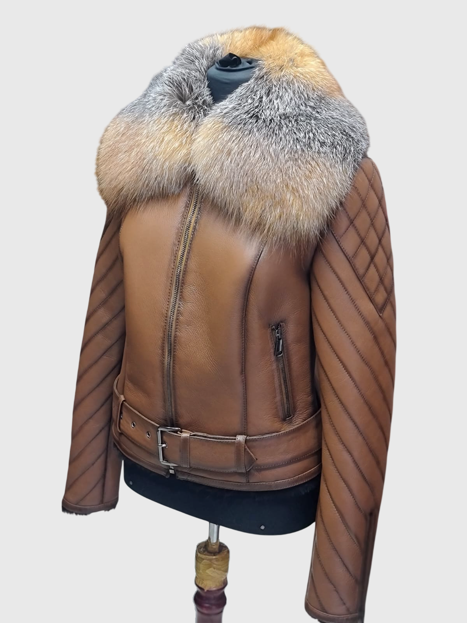 Gold Cross Fox Fur Collar Tan Genuine Shearling Women's Luxury Jacket
