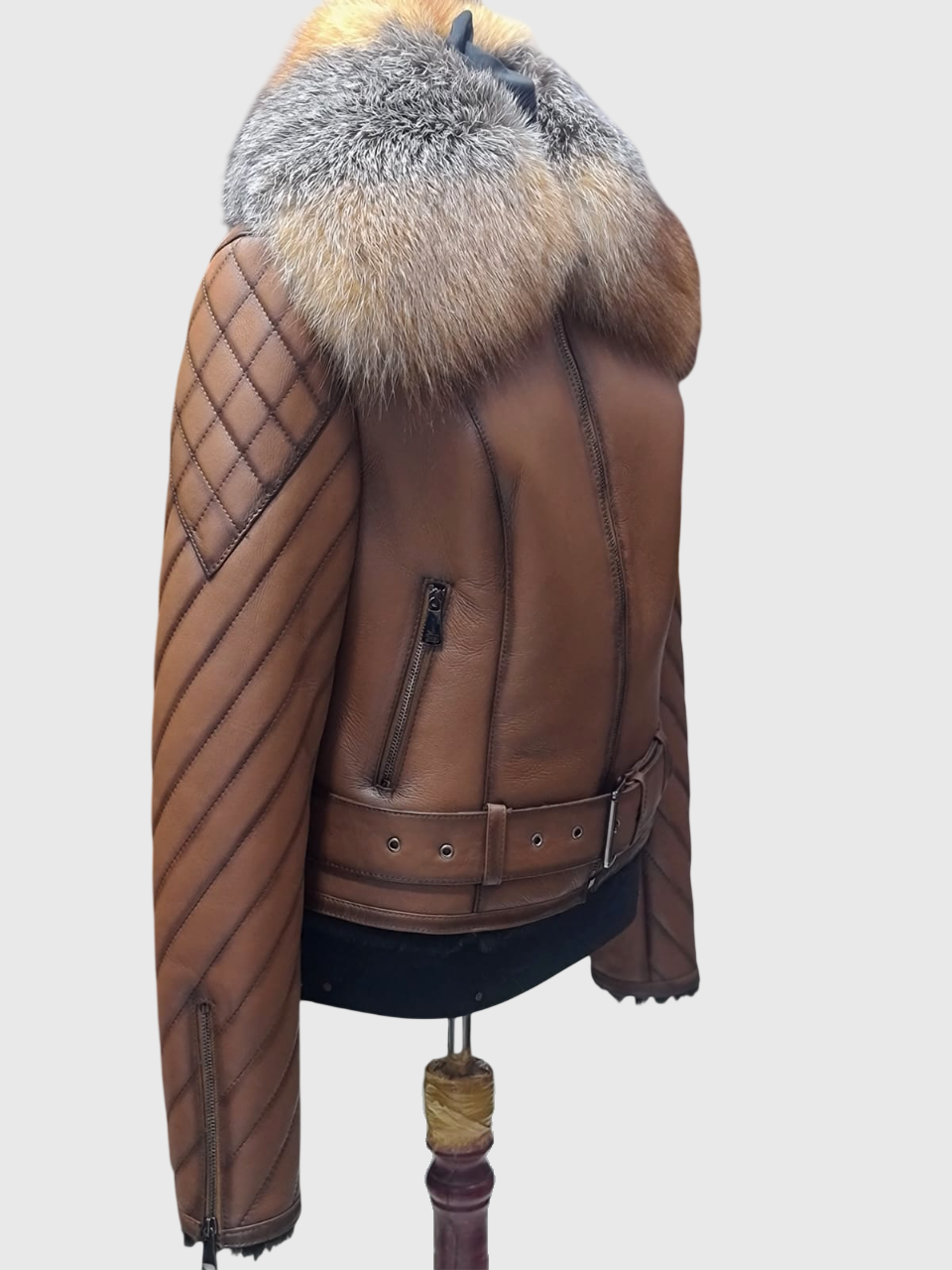 Gold Cross Fox Fur Collar Tan Genuine Shearling Women's Luxury Jacket