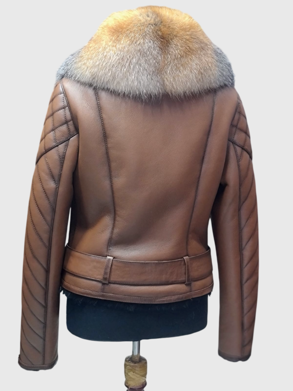 Gold Cross Fox Fur Collar Tan Genuine Shearling Women's Luxury Jacket