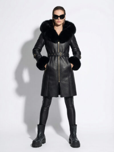 Fox Fur Hooded Shearling Overcoat – Belted Black