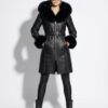 Fox Fur Hooded Shearling Overcoat: Women's Belted Black Fur Coat