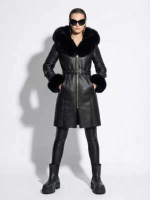 Fox Fur Hooded Shearling Overcoat: Women's Belted Black Fur Coat