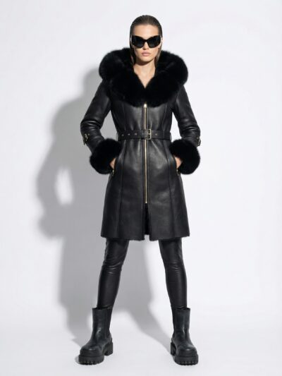 Fox Fur Hooded Shearling Overcoat: Women's Belted Black Fur Coat