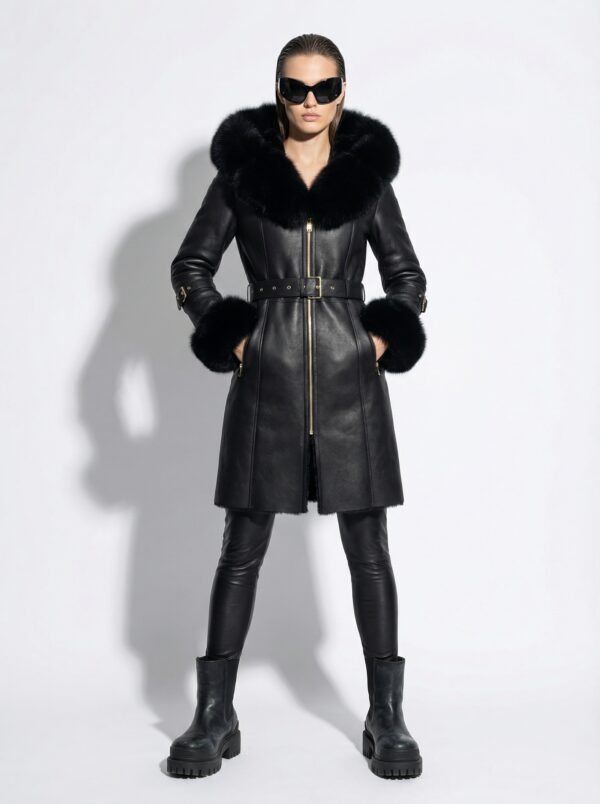 Fox Fur Hooded Shearling Overcoat: Women's Belted Black Fur Coat