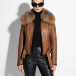 Gold Cross Fox Fur Collar Tan Genuine Shearling Women's Luxury Jacket