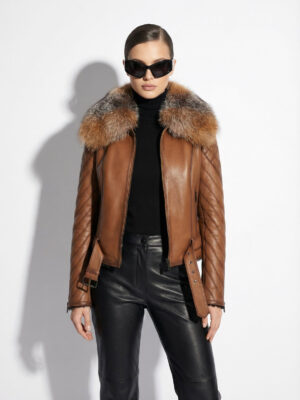 Gold Cross Fox Fur Collar Tan Genuine Shearling Women's Luxury Jacket