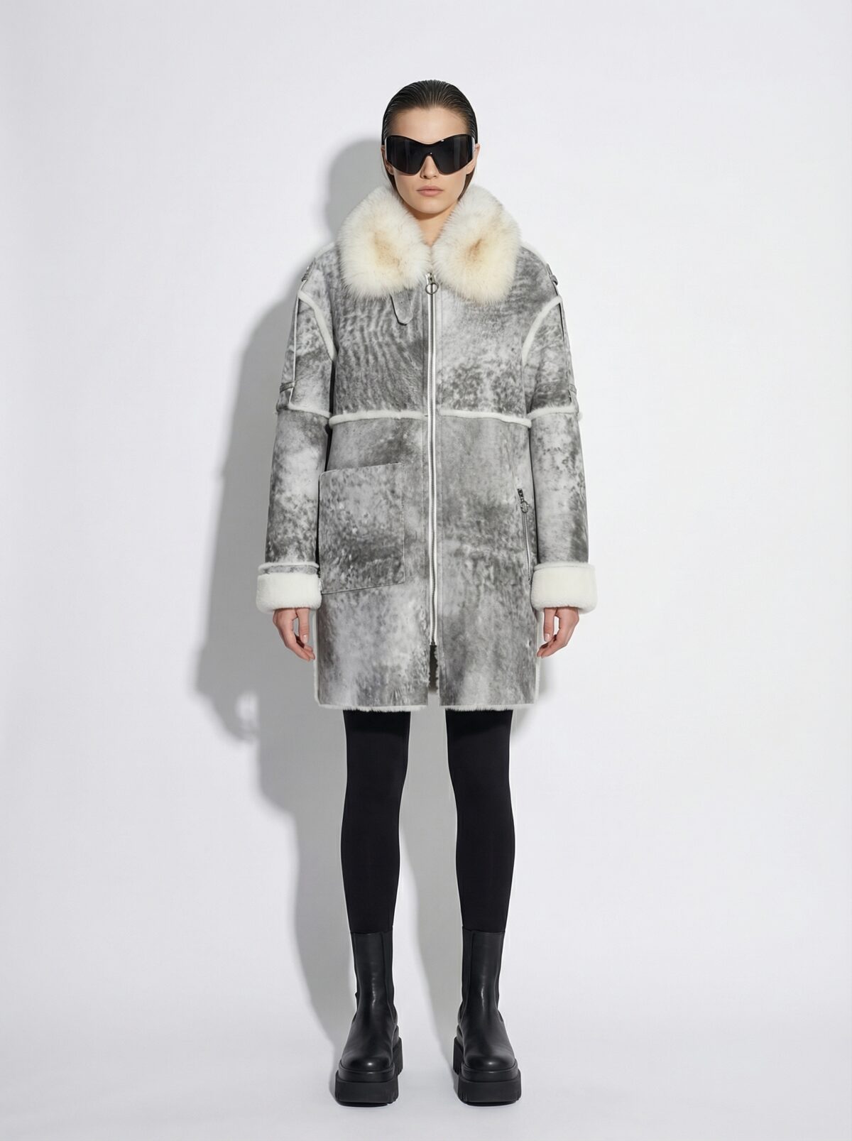 Handmade Genuine Shearling Fur Coat with Fox Fur Collar