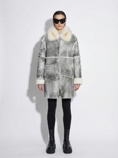 Handmade Genuine Shearling Fur Coat with Fox Fur Collar