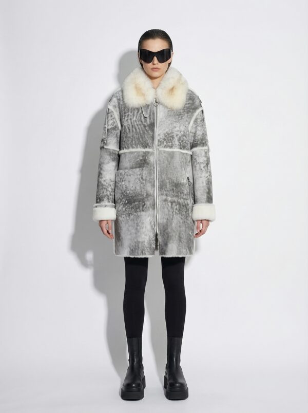 Handmade Genuine Shearling Fur Coat with Fox Fur Collar