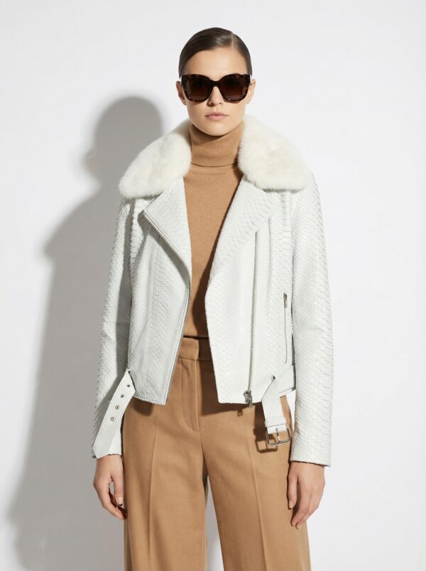 Genuine Python Leather Real Mink Fur Collar White Exotic Biker Jacket