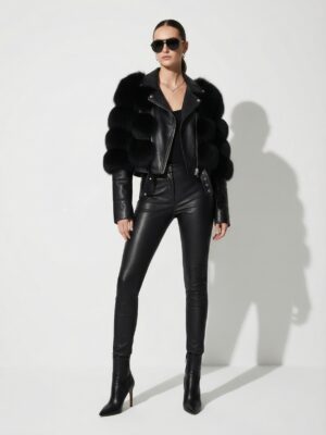 Fox Fur Trim Women's Genuine Leather Black Motorcycle Biker Jacket