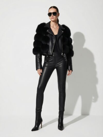 Fox Fur Trim Women's Genuine Leather Black Motorcycle Biker Jacket
