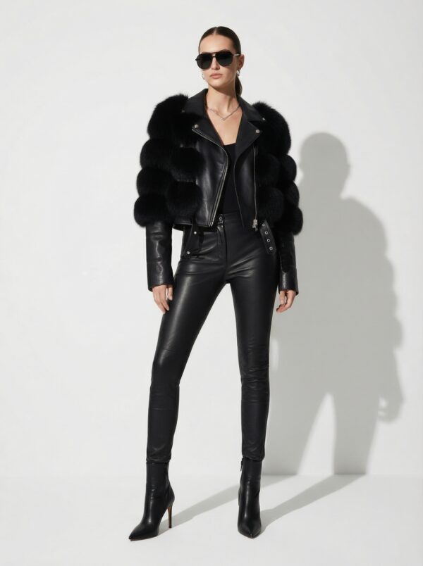 Fox Fur Trim Women's Genuine Leather Black Motorcycle Biker Jacket