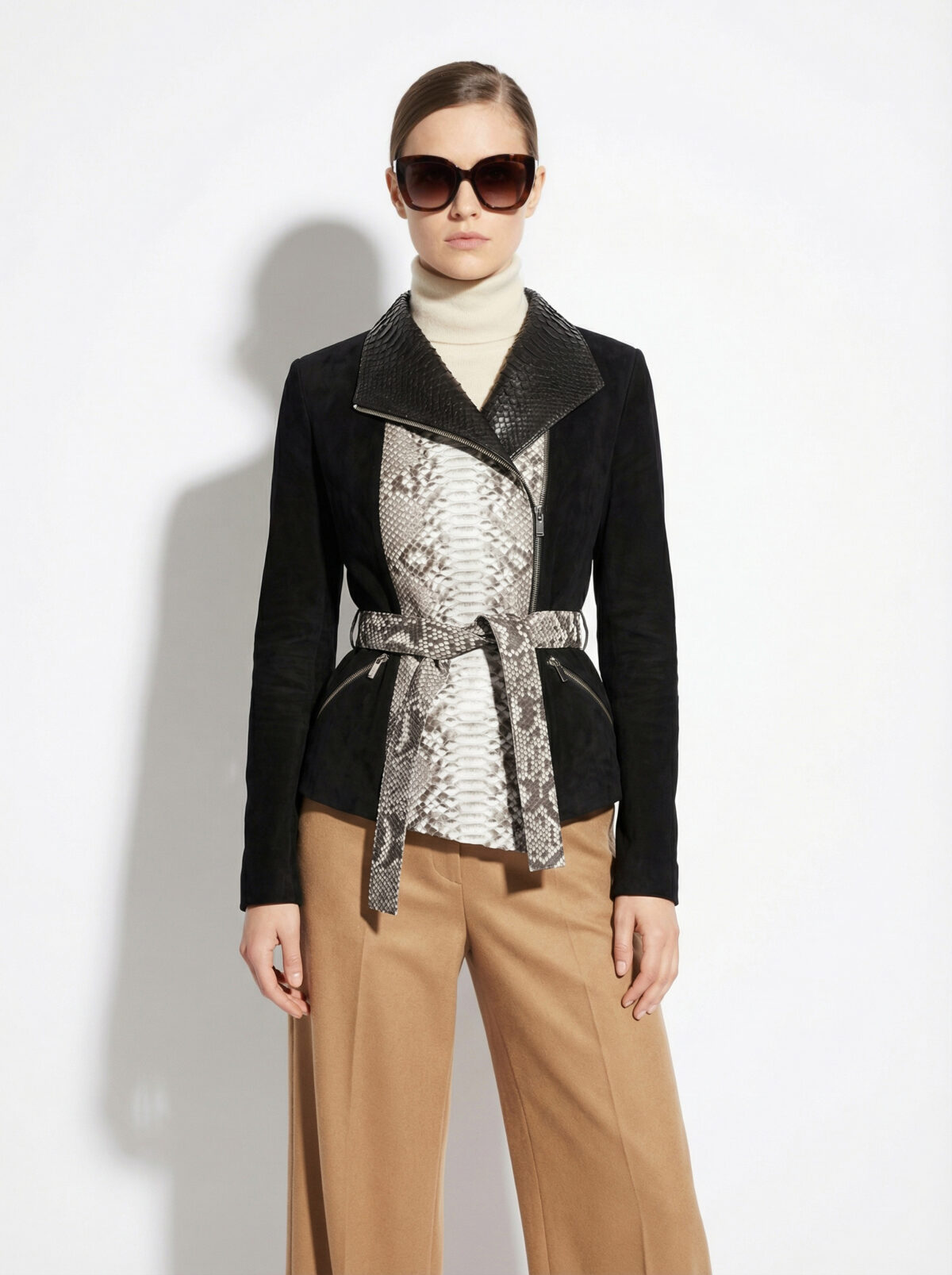 Belted Black and White Leather Jacket with Python Trim