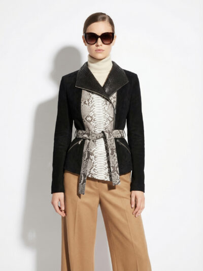 Belted Black and White Leather Jacket with Python Trim