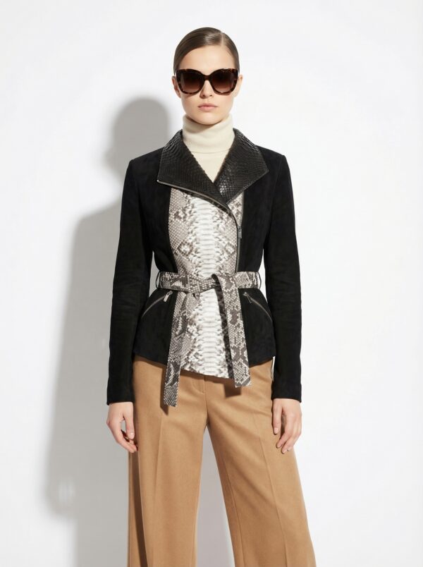Real Python Skin Trim Genuine Suede Luxury Black White Belted Jacket
