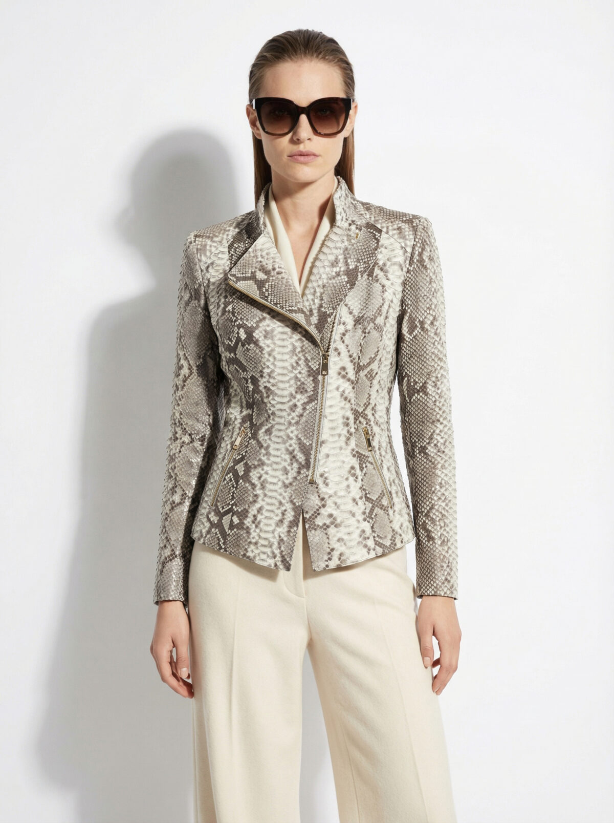 146 Natural White Python Biker Jacket