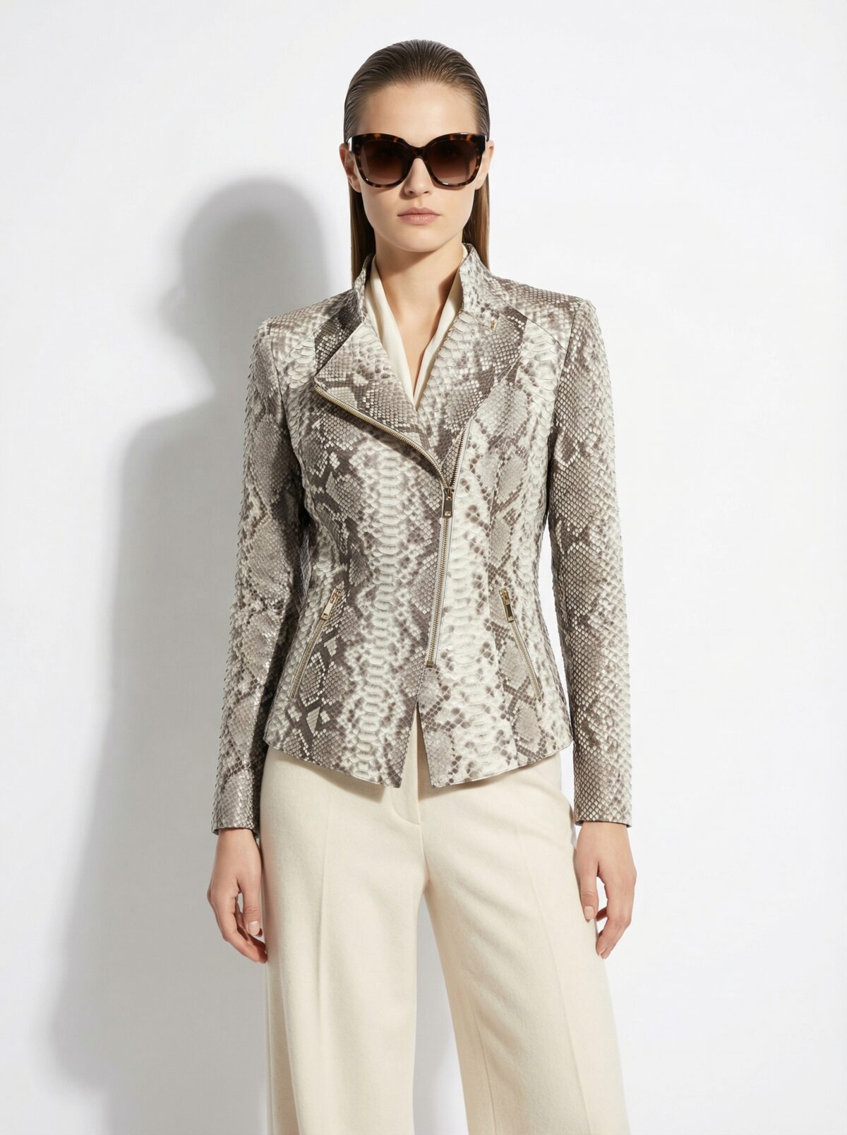 Genuine Python Leather Real Exotic Snake Skin Natural White Biker Jacket