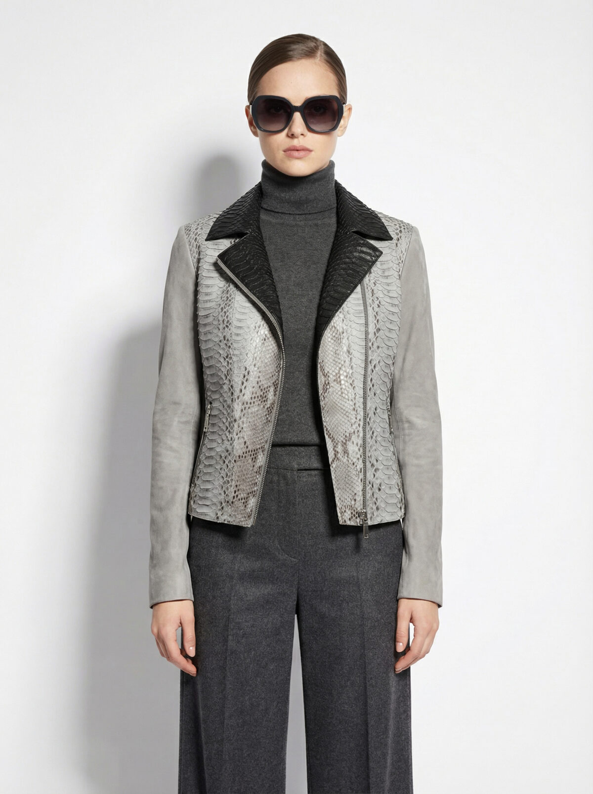 White Leather Biker Jacket with Python Trim