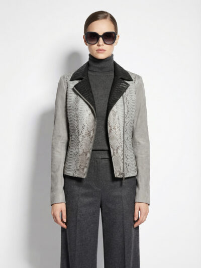 148 White Leather Biker Jacket with Python Trim