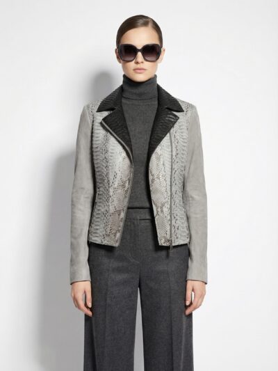 Real Python Skin Trim Genuine Suede Luxury White Biker Jacket