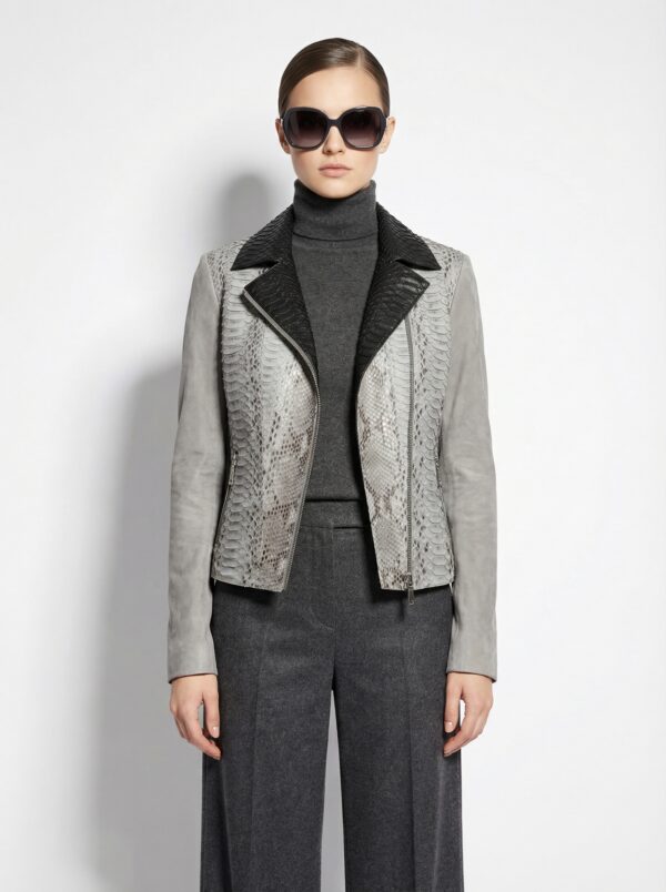 Real Python Skin Trim Genuine Suede Luxury White Biker Jacket