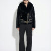 Astrakhan & Fox Fur Collar Women's Belted Biker Jacket