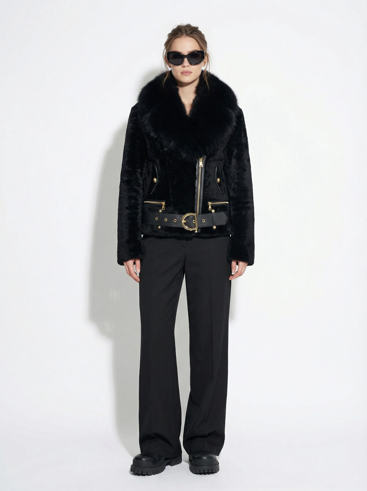 Astrakhan & Fox Fur Collar Women's Belted Biker Jacket