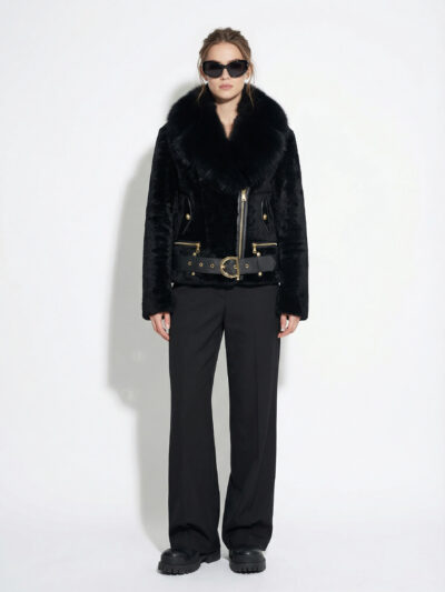 Astrakhan & Fox Fur Collar Women's Belted Biker Jacket