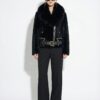 Astrakhan Fur Black Fox Fur Collar Women's Belted Biker Jacket