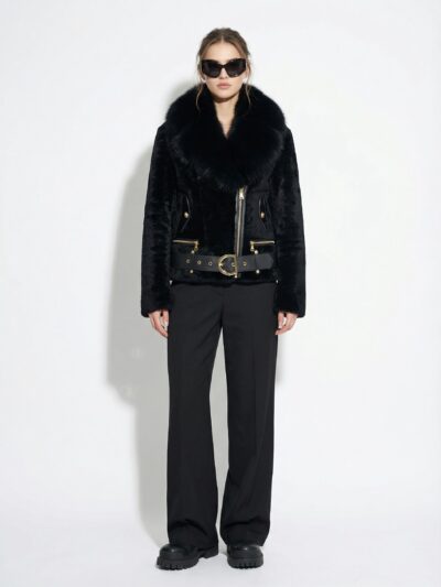 Astrakhan Fur Black Fox Fur Collar Women's Belted Biker Jacket