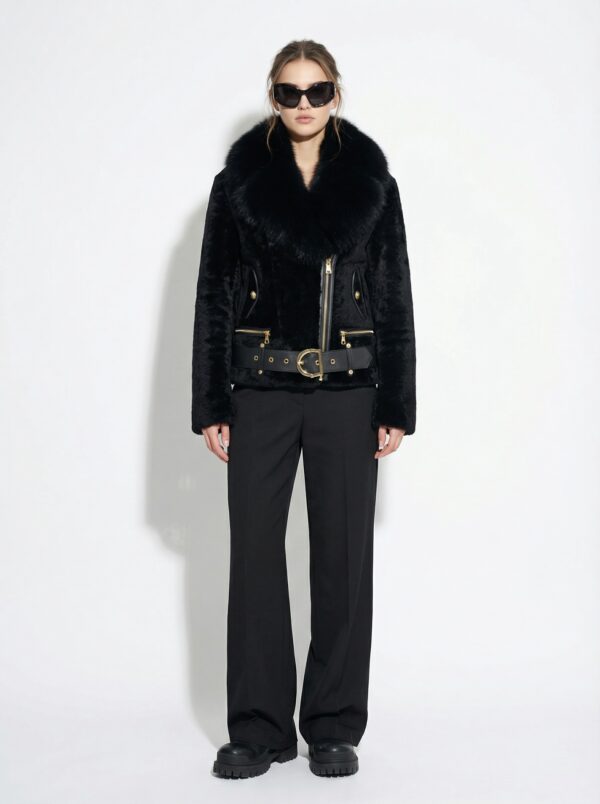 Astrakhan Fur Black Fox Fur Collar Women's Belted Biker Jacket